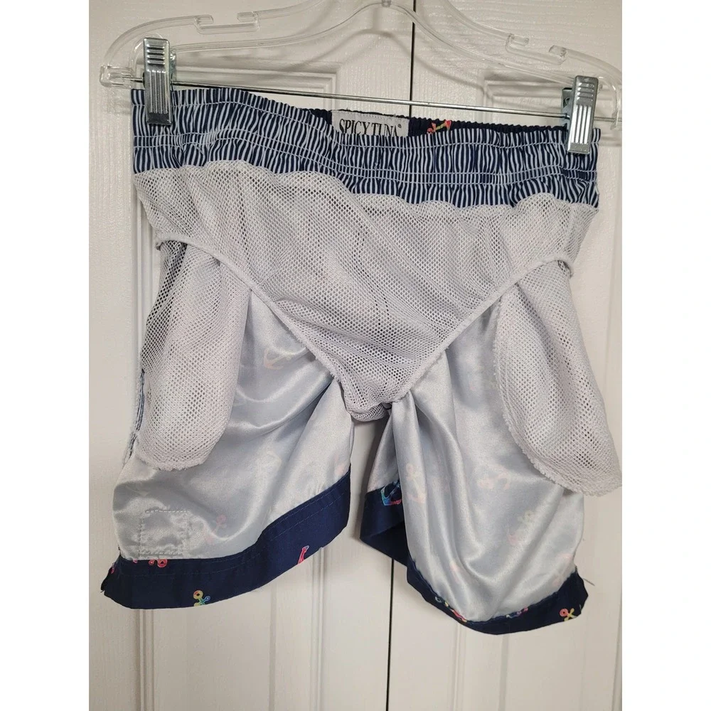Spicy Tuna Boys Swim Trunks Navy Rainbow Anchor Board Shorts Pockets Size L